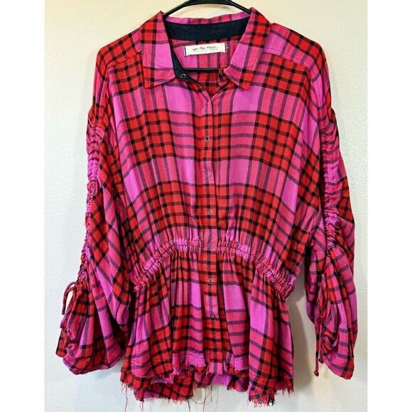NWOT Free People Pacific Dawn Red & Pink Plaid Shirt With Waist Drawstring M - Picture 3 of 11